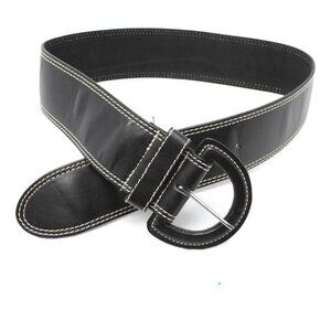 Belt Shak Vegan Leather Wide Belt Black Contrast Stitching Half Moon Buckle